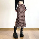 Women's Plaid Fashion S-L Designer Preppy Chiffon Skirts (Long)-Women's Fashion Designer Skirts-Chocolate-Women&#x27;s fashion designer plus size clothes