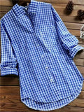 Women's Plaid Linen 3-5XL Fashion Designer Shirt Long-Sleeve Tops (Plus Size)-Women's Fashion Designer Plus Size Long-Sleeve Tops-Blue-Women&#x27;s fashion designer plus size clothes