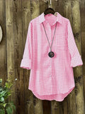 Women's Plaid Linen 3-5XL Fashion Designer Shirt Long-Sleeve Tops (Plus Size)-Women's Fashion Designer Plus Size Long-Sleeve Tops-Pink-Women&#x27;s fashion designer plus size clothes