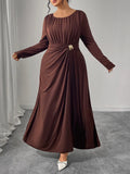 Women's Pleated O-Neck Fashion Designer L-5XL Long Dresses (Plus Size)-Women's Fashion Designer Plus Size Dresses-International Women's Clothing