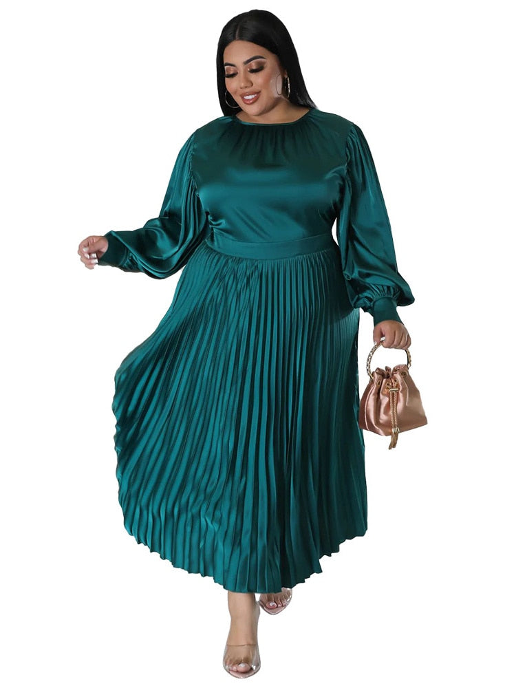 Women's Pleated Satin Fashion Designer Elegant Long Dresses (Plus Size)