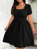 Women's Polka Dot 1-4XL Mesh Sleeve Fashion Designer Midi Dresses (Plus Size)