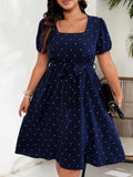Women's Polka Dot 1-4XL Mesh Sleeve Fashion Designer Midi Dresses (Plus Size)
