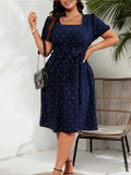 Women's Polka Dot 1-4XL Mesh Sleeve Fashion Designer Midi Dresses (Plus Size)