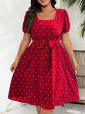 Women's Polka Dot 1-4XL Mesh Sleeve Fashion Designer Midi Dresses (Plus Size)