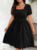 Women's Polka Dot 1-4XL Mesh Sleeve Fashion Designer Midi Dresses (Plus Size)-Women's Fashion Designer Plus Size Dresses-International Women's Clothing