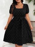 Women's Polka Dot 1-4XL Mesh Sleeve Fashion Designer Midi Dresses (Plus Size)-Women's Fashion Designer Plus Size Dresses-International Women's Clothing