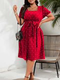 Women's Polka Dot 1-4XL Mesh Sleeve Fashion Designer Midi Dresses (Plus Size)-Women's Fashion Designer Plus Size Dresses-International Women's Clothing