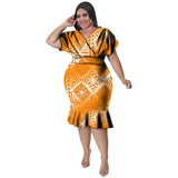 Women's Polynesian Printed Fashion Designer Ruffled Bandage Midi Dresses (Plus Size)