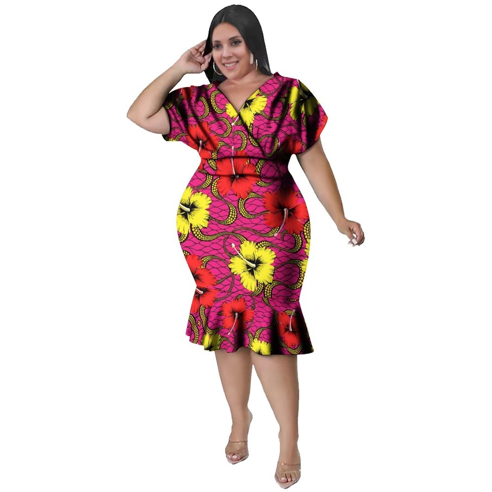 Women's Polynesian Printed Fashion Designer Ruffled Bandage Midi Dresses  (Plus Size) - LY2303155 / M