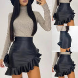 Women's PU Ruffled Trim Fashion Designer Mini Skirts (Short)