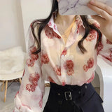 Women's Puff Sleeve Chiffon Blouse Fashion Designer Long-Sleeve Tops