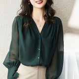 Women's Puff Sleeve Chiffon Blouse Fashion Designer Long-Sleeve Tops