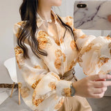 Women's Puff Sleeve Chiffon Blouse Fashion Designer Long-Sleeve Tops