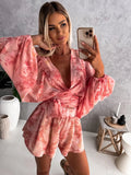 Women's Puff Sleeves Floral Chiffon S-2XL Fashion Designer Rompers-Women's Fashion Designer Rompers / Jumpsuits-Red-Women&#x27;s fashion designer plus size clothes
