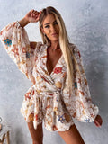 Women's Puff Sleeves Floral Chiffon S-2XL Fashion Designer Rompers-Women's Fashion Designer Rompers / Jumpsuits-camel-Women&#x27;s fashion designer plus size clothes