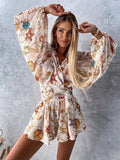 Women's Puff Sleeves Floral Chiffon S-2XL Fashion Designer Rompers-Women's Fashion Designer Rompers / Jumpsuits-International Women's Clothing