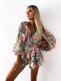 Women's Puff Sleeves Floral Chiffon S-2XL Fashion Designer Rompers-Women's Fashion Designer Rompers / Jumpsuits-International Women's Clothing