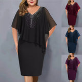 Women's Rhinestone 3-5XL Fashion Designer Chiffon Midi Dresses (Plus Size)