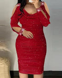 Women's Rhinestone Cold Shoulder Fashion Designer Midi Dresses (Plus Size)