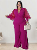 Women's Rompers Fashion Designer Belted Puffed Sleeve V-neck Jumpsuits (Plus Size)