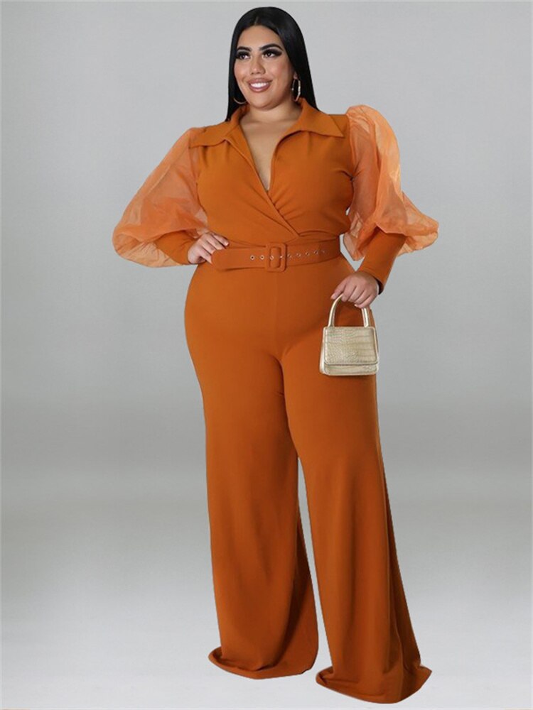 Women's Rompers Fashion Designer Belted Puffed Sleeve V-neck Jumpsuits (Plus Size)