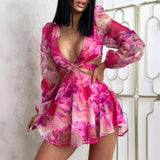 Women's Rompers V Neck Floral Chiffon S-XL Fashion Designer Jumpsuits-Women's Fashion Designer Rompers / Jumpsuits-01 Rose Red-Women&#x27;s fashion designer plus size clothes