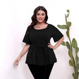Women's Round Neck Belted 1-5XL Designer Tops Fashion T-Shirts (Plus Size)-Women's Tops Fashion Designer Plus Size T-Shirts / Blouses-International Women's Clothing
