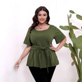 Women's Round Neck Belted 1-5XL Designer Tops Fashion T-Shirts (Plus Size)-Women's Tops Fashion Designer Plus Size T-Shirts / Blouses-International Women's Clothing