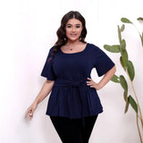 Women's Round Neck Belted 1-5XL Designer Tops Fashion T-Shirts (Plus Size)-Women's Tops Fashion Designer Plus Size T-Shirts / Blouses-International Women's Clothing