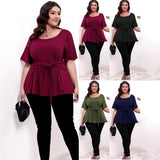Women's Round Neck Belted 1-5XL Designer Tops Fashion T-Shirts (Plus Size)-Women's Tops Fashion Designer Plus Size T-Shirts / Blouses-International Women's Clothing