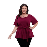 Women's Round Neck Belted 1-5XL Designer Tops Fashion T-Shirts (Plus Size)-Women's Tops Fashion Designer Plus Size T-Shirts / Blouses-International Women's Clothing