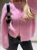 Women's Round Neck Mohair Fashion Designer Tops Knitted Cardigan