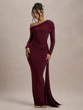 Women's Fashion Designer S-L Draped Ruched Bodycon Dresses (Long)-Women's Fashion Designer Plus Size Dresses-Burgundy-Women&#x27;s fashion designer plus size clothes