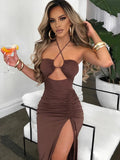 Women's Ruched Drawstring Halter Neck Fashion Designer Dresses (Midi)-Women's Fashion Designer Dresses