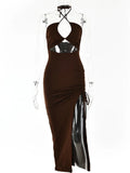 Women's Ruched Drawstring Halter Neck Fashion Designer Dresses (Midi)-Women's Fashion Designer Dresses