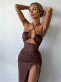 Women's Ruched Drawstring Halter Neck Fashion Designer Dresses (Midi)-Women's Fashion Designer Dresses