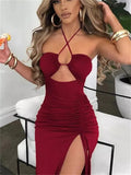 Women's Ruched Drawstring Halter Neck Fashion Designer Dresses (Midi)-Women's Fashion Designer Dresses