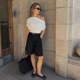 Women's Ruched S-L One Shoulder Fashion Designer Crop Tops T-Shirts