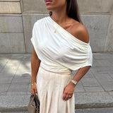 Women's Ruched S-L One Shoulder Fashion Designer Crop Tops T-Shirts