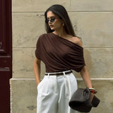 Women's Ruched S-L One Shoulder Fashion Designer Crop Tops T-Shirts