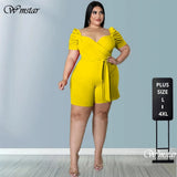 Women's Ruffle 1-4XL Shoulders Fashion Designer Rompers (Plus Size)-Women's Plus Size Fashion Designer Rompers / Jumpsuits-International Women's Clothing