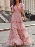 Women's Ruffle S-XL V-neck High Waist Fashion Designer Dresses (Long)