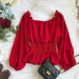 Women's Ruffle Trim Fashion Designer Puffed S-XL Long-Sleeve Tops-Women's Fashion Designer Long-Sleeve Tops-Red-Women&#x27;s fashion designer plus size clothes