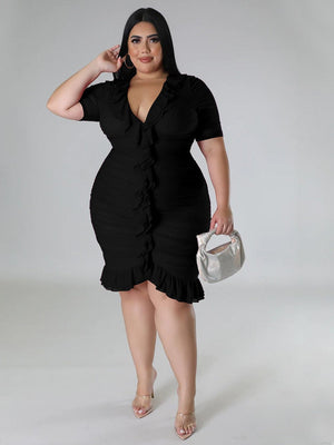 Women's Ruffle Trim Fashion Designer Short Dresses (Plus Size)