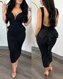 Women's Ruffled Trim Fashion Designer Bow Backless Dresses (Midi)-Women's Fashion Designer Dresses
