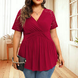 Women's Ruffled V Neck Fashion Designer Hallow Out T-Shirts (Plus Size)