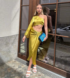 Women's Ruffles Satin Asymmetrical One Shoulder Fashion Designer Dresses (Midi)