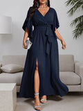 Women's Ruffles Split Fashion Designer L-5XL Long Dresses (Plus Size)-Navy Blue-4XL