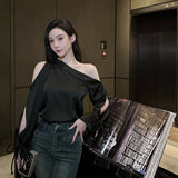 Women's Satin Blouse Cold Shoulder S-XL Long-Sleeve Tops